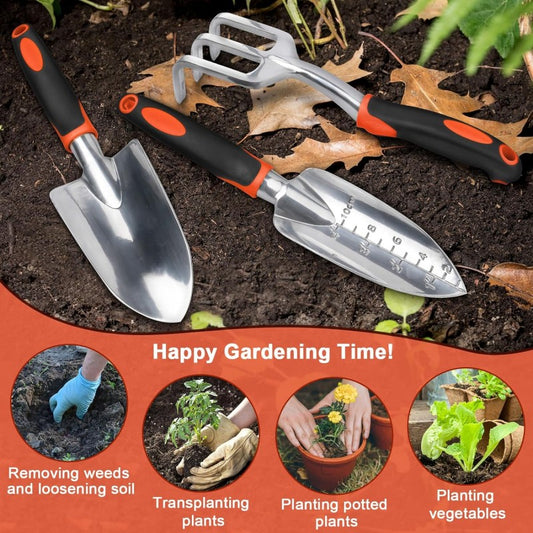 Garden Tools Set: Heavy Duty Shovel, Trowel & Rake 3-Pack